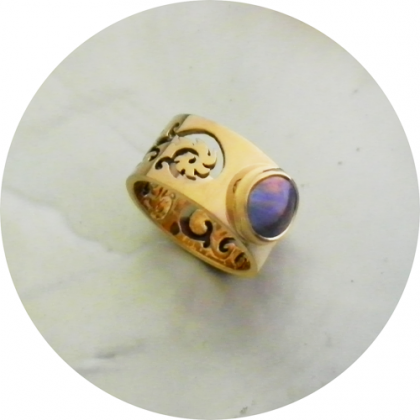 -SOLD-Rose Gold Handmade Ring. 8 mm A Grade Brereton Blue Pearl Koru/Fern inspired.